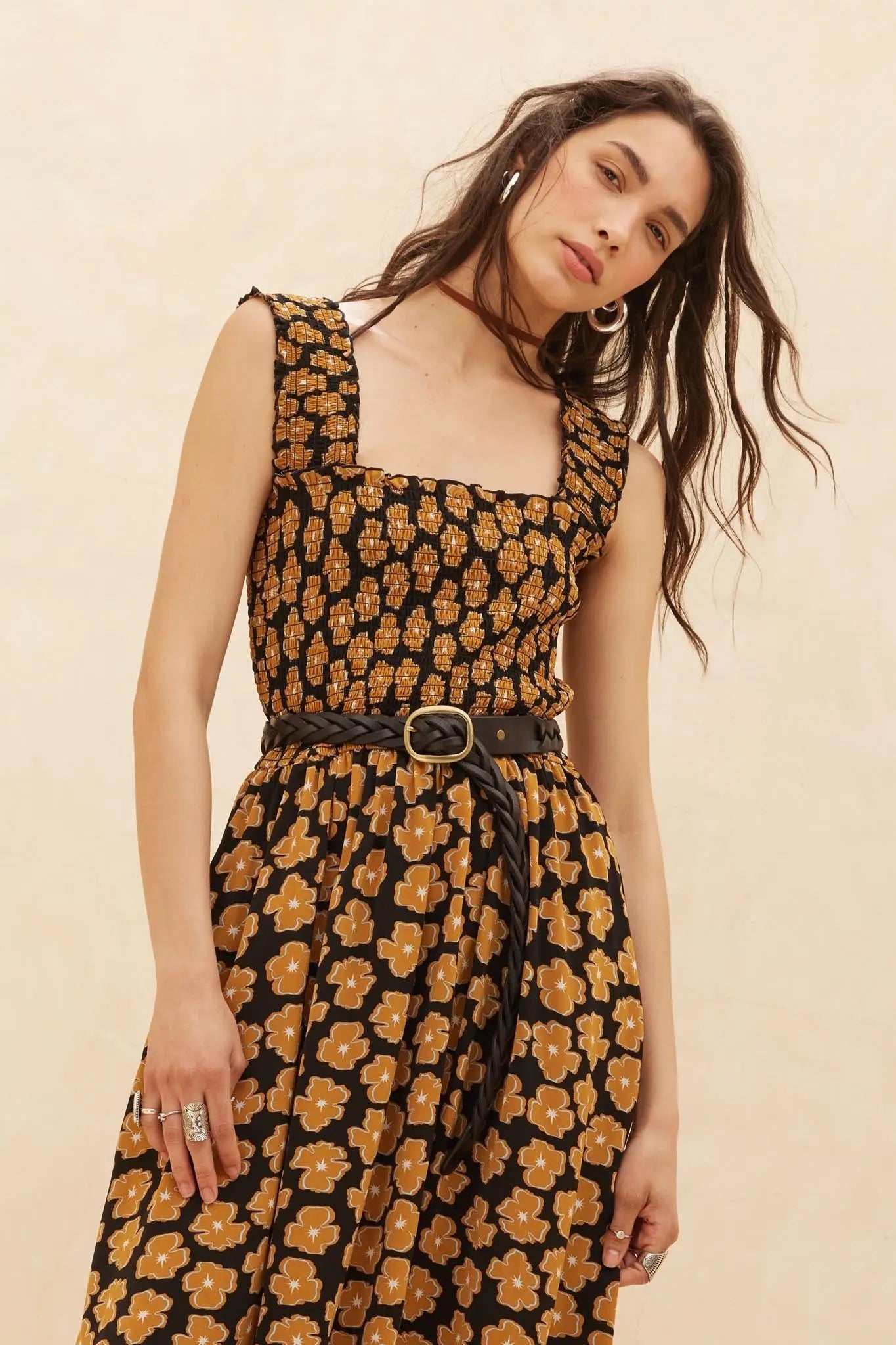 black floral smocked midi dress Home Ground Floral Smocked Midi Peasant Dress Black / L