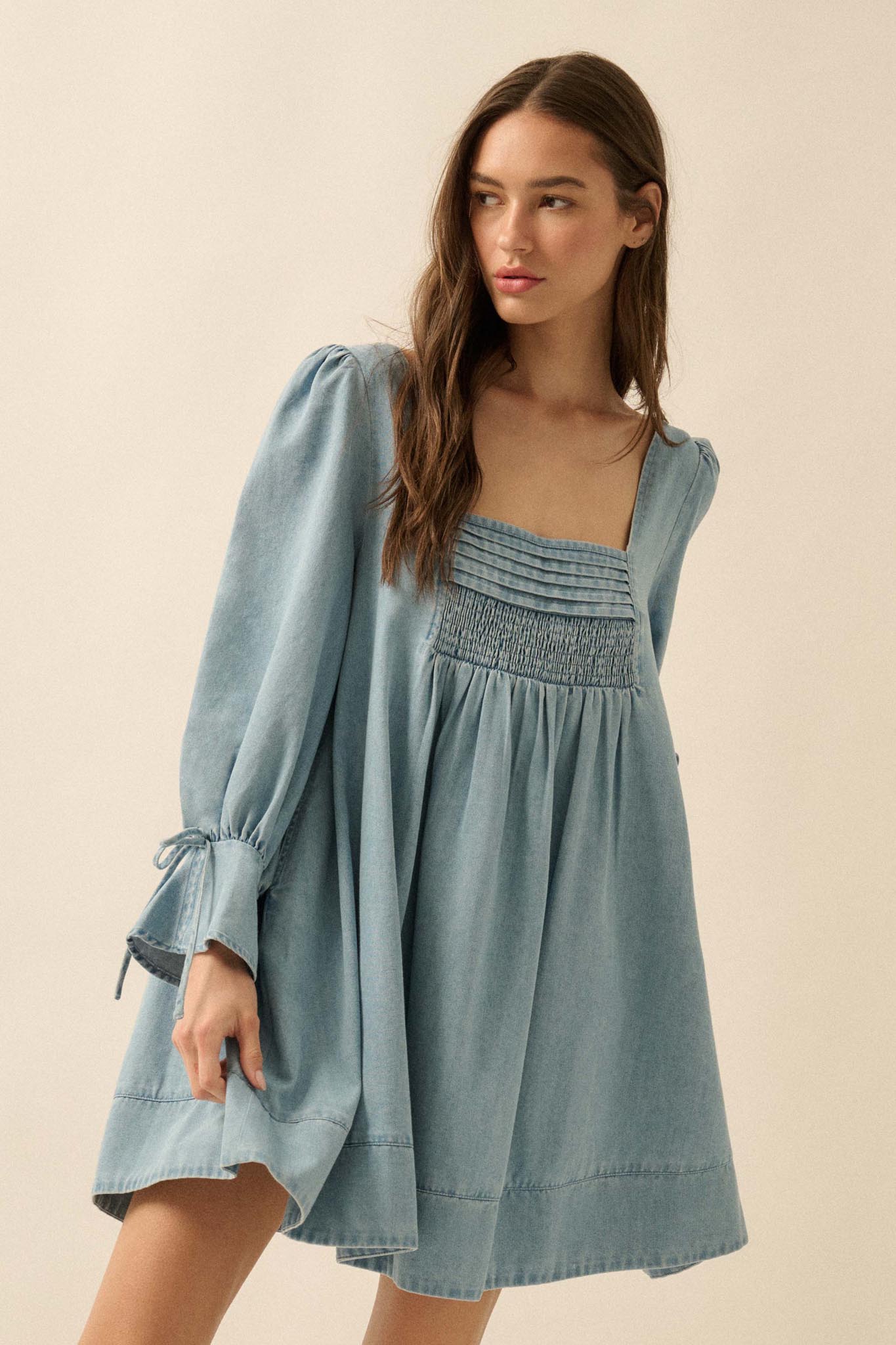 Dreaming in Denim Long-Sleeve Babydoll Mini Dress Denim Blue / S Dreaming in Denim Long-Sleeve Babydoll Mini Dress Denim Blue / S
