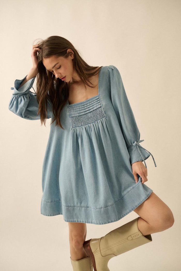 Dreaming in Denim Long-Sleeve Babydoll Mini Dress - ShopPromesa