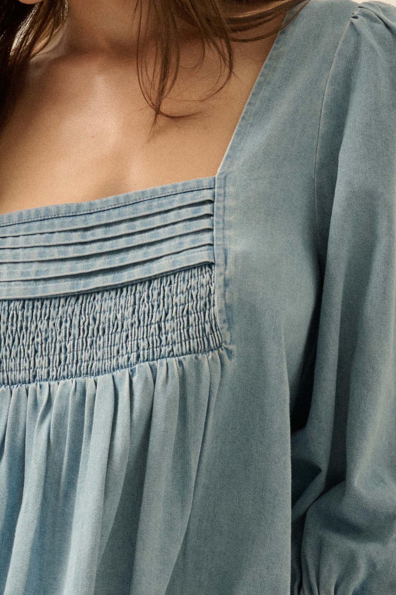 Dreaming in Denim Long-Sleeve Babydoll Mini Dress Denim Blue / S Dreaming in Denim Long-Sleeve Babydoll Mini Dress Denim Blue / S