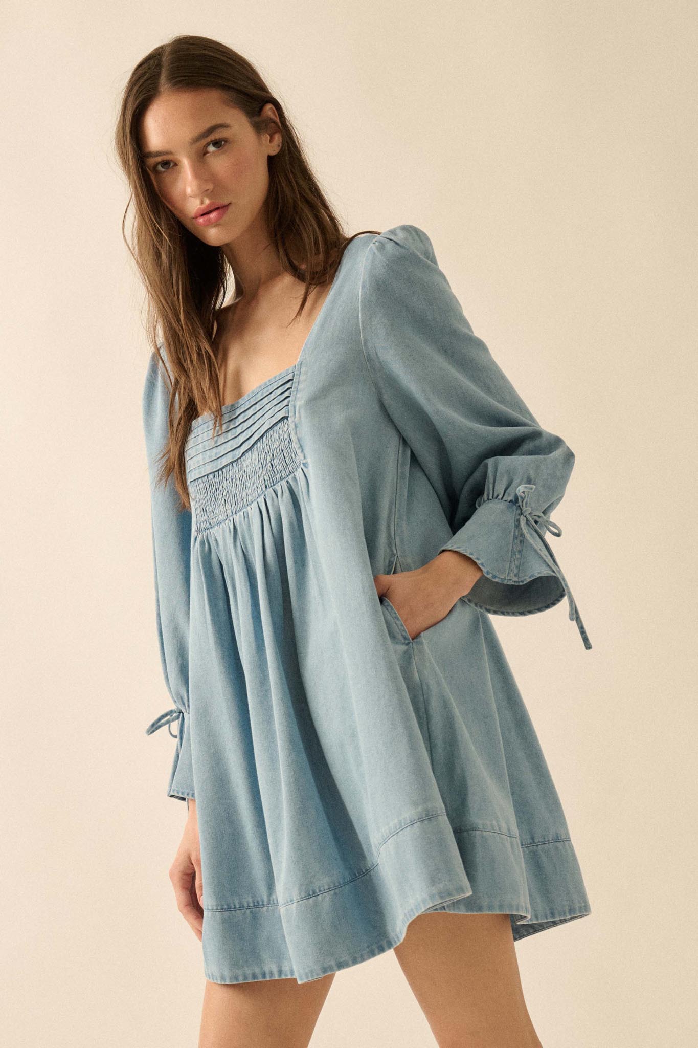 Dreaming in Denim Long-Sleeve Babydoll Mini Dress Denim Blue / S Dreaming in Denim Long-Sleeve Babydoll Mini Dress Denim Blue / S