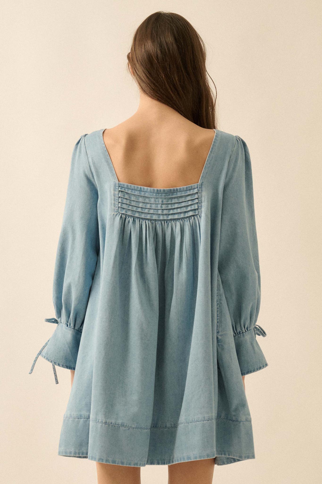 Dreaming in Denim Long-Sleeve Babydoll Mini Dress Denim Blue / S Dreaming in Denim Long-Sleeve Babydoll Mini Dress Denim Blue / S