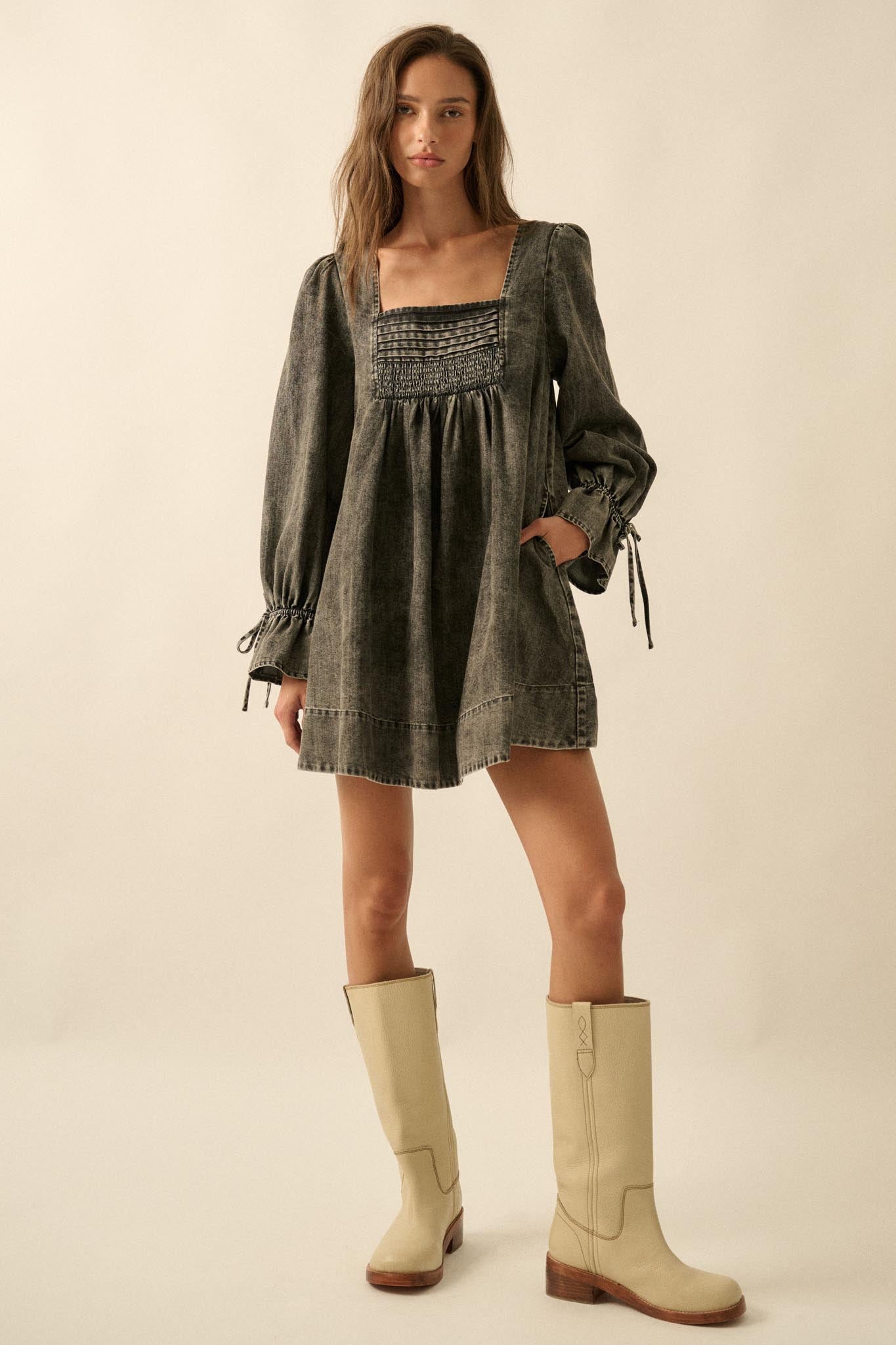 Dreaming in Denim Long-Sleeve Babydoll Mini Dress Denim Blue / S Dreaming in Denim Long-Sleeve Babydoll Mini Dress Denim Blue / S