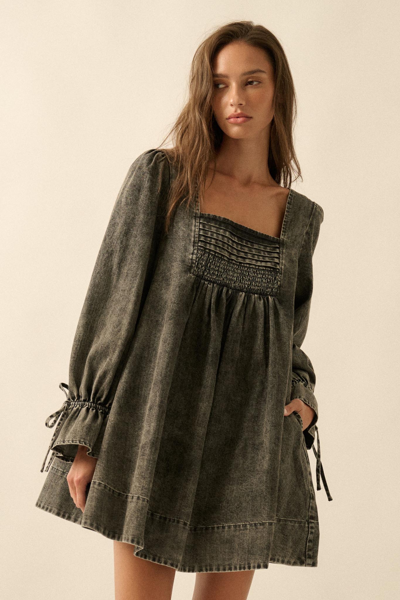 dream on denim mini dress Denim dreams This denim mini dress is giving effortless cool with a flattering fit, statement seams, and just the right amount of structure. Paired with knee-high boots, it's the perfect outfit