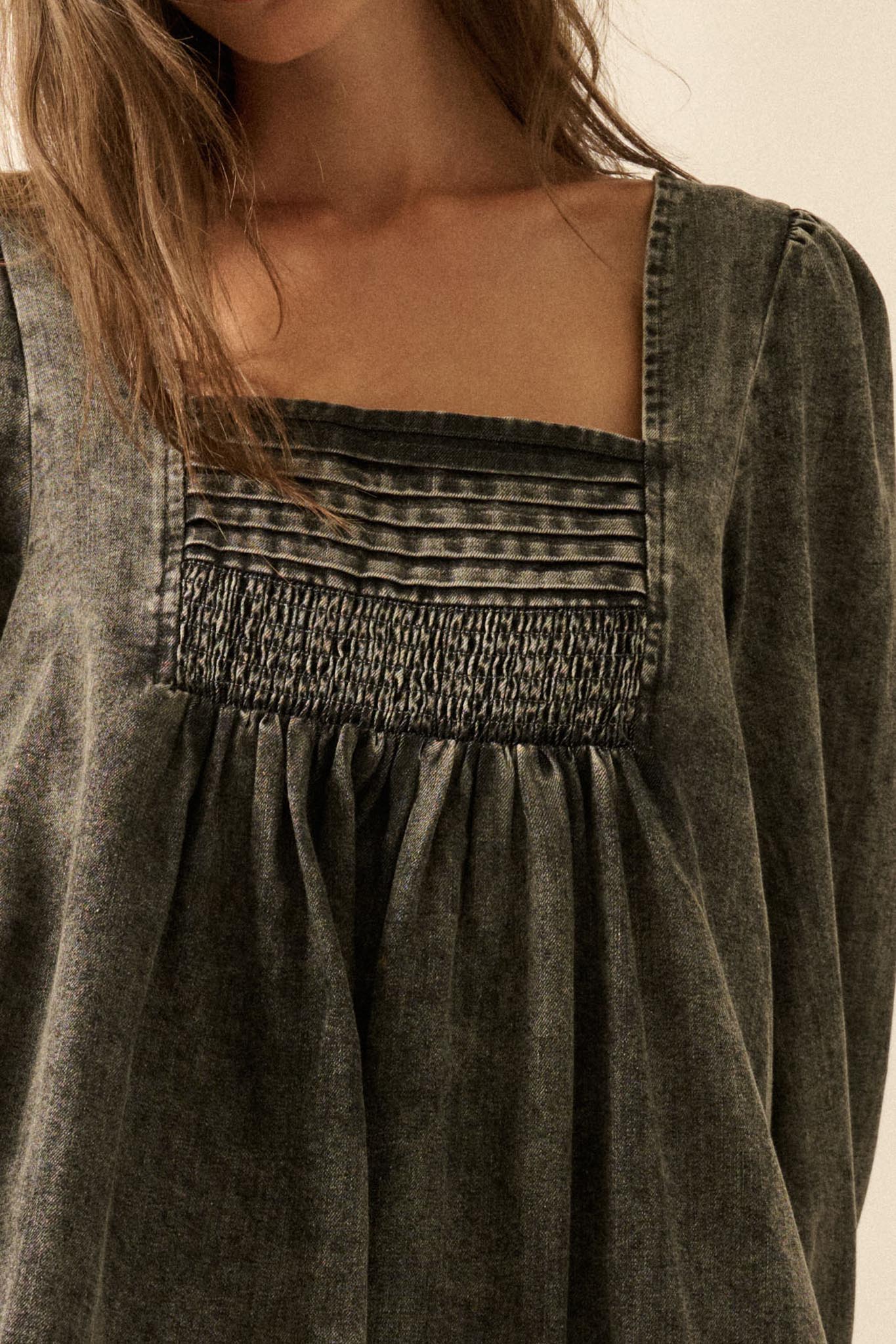 Dreaming in Denim Long-Sleeve Babydoll Mini Dress - ShopPromesa