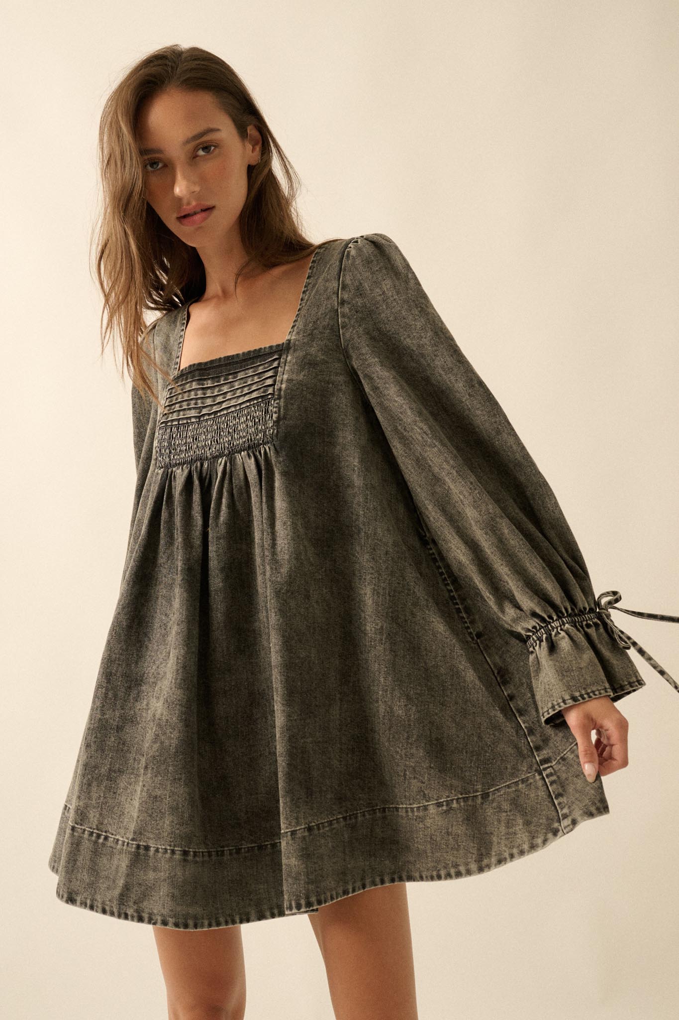 Dreaming in Denim Long-Sleeve Babydoll Mini Dress Denim Blue / S Dreaming in Denim Long-Sleeve Babydoll Mini Dress Denim Blue / S