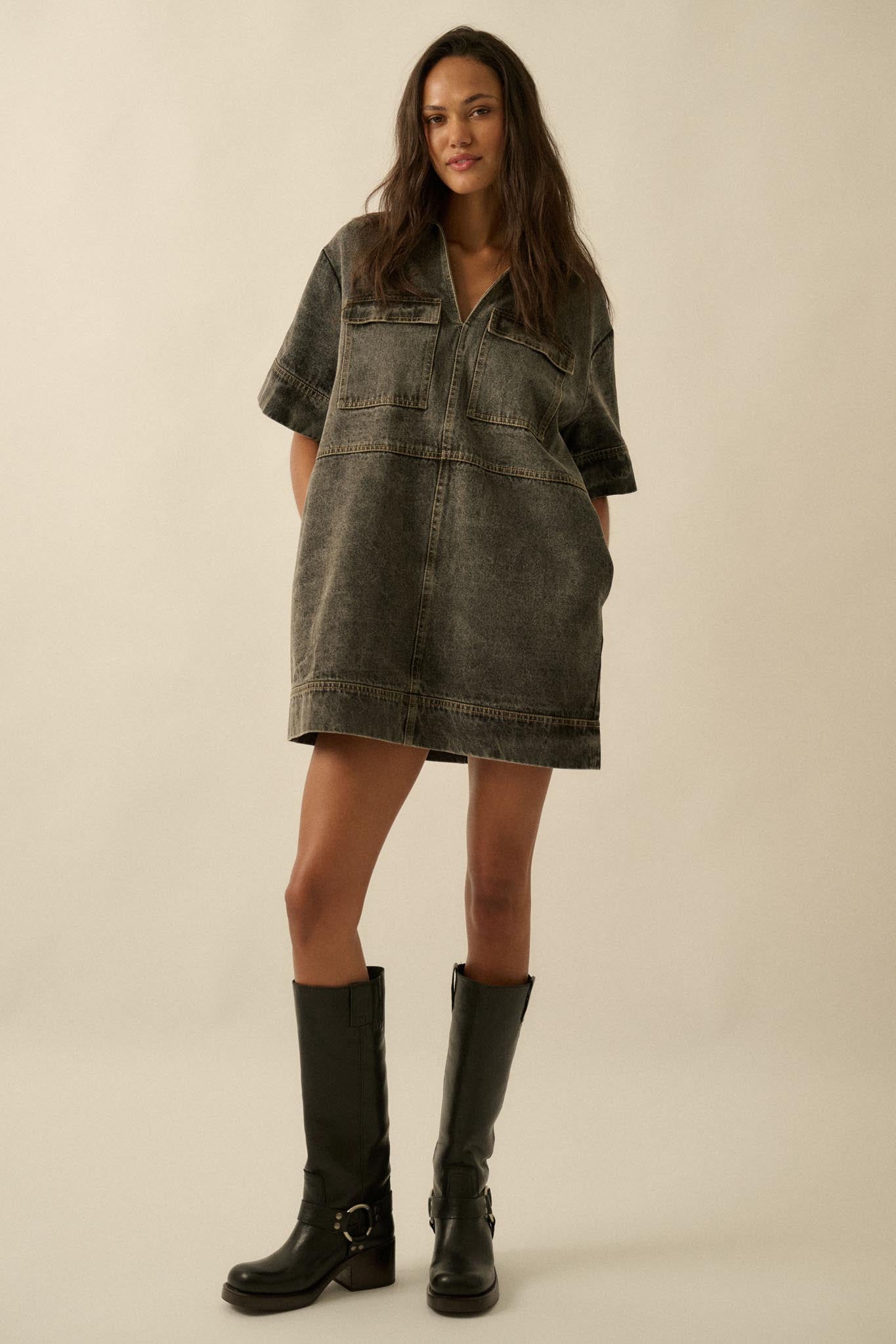 tunic dress denim Teri Jon Denim Shirt Collar Tunic Beaded Trim Dress Size 12