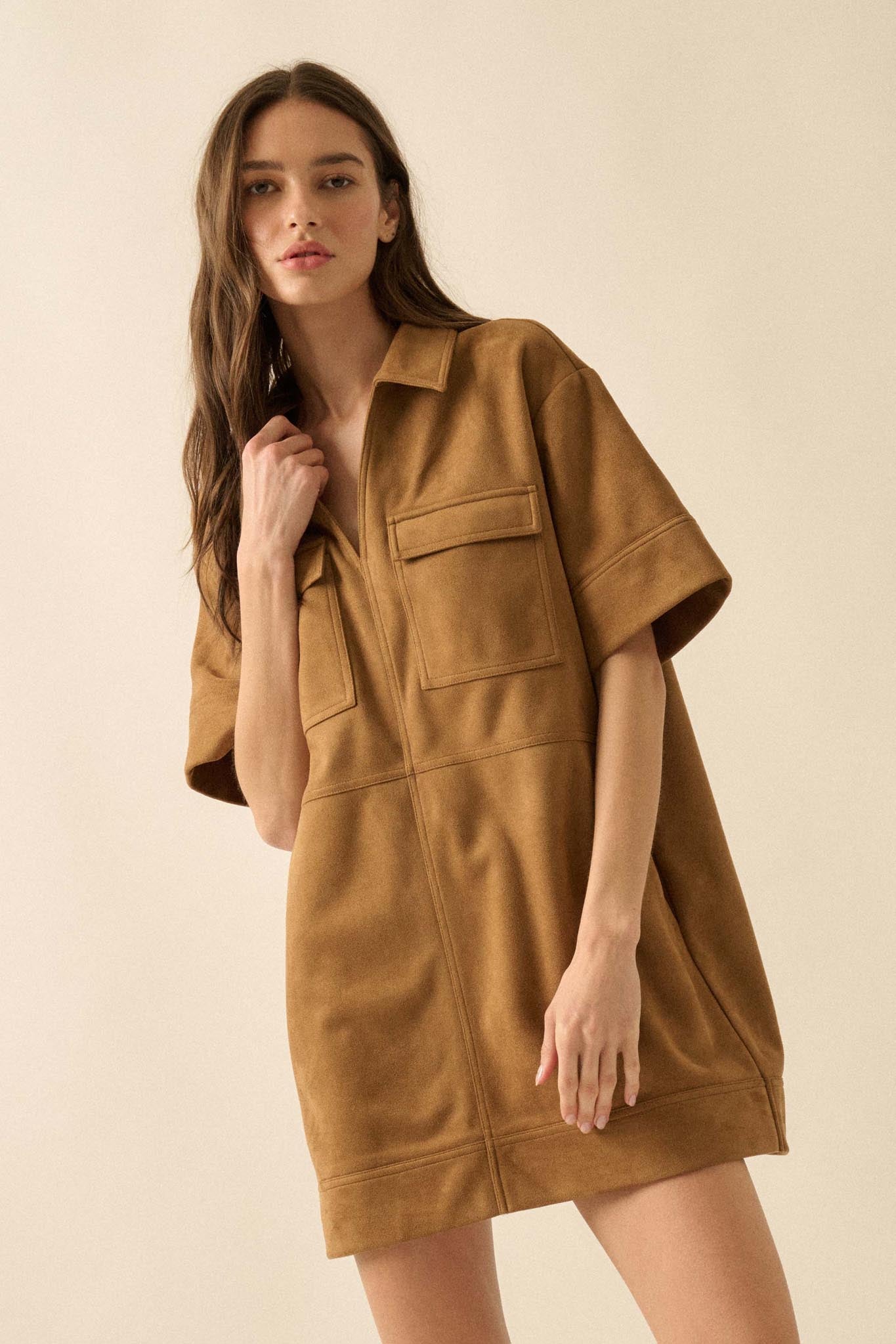 Soft Option Vegan Suede Mini Tunic Shirt Dress Brown / S Soft Option Vegan Suede Mini Tunic Shirt Dress Brown / S