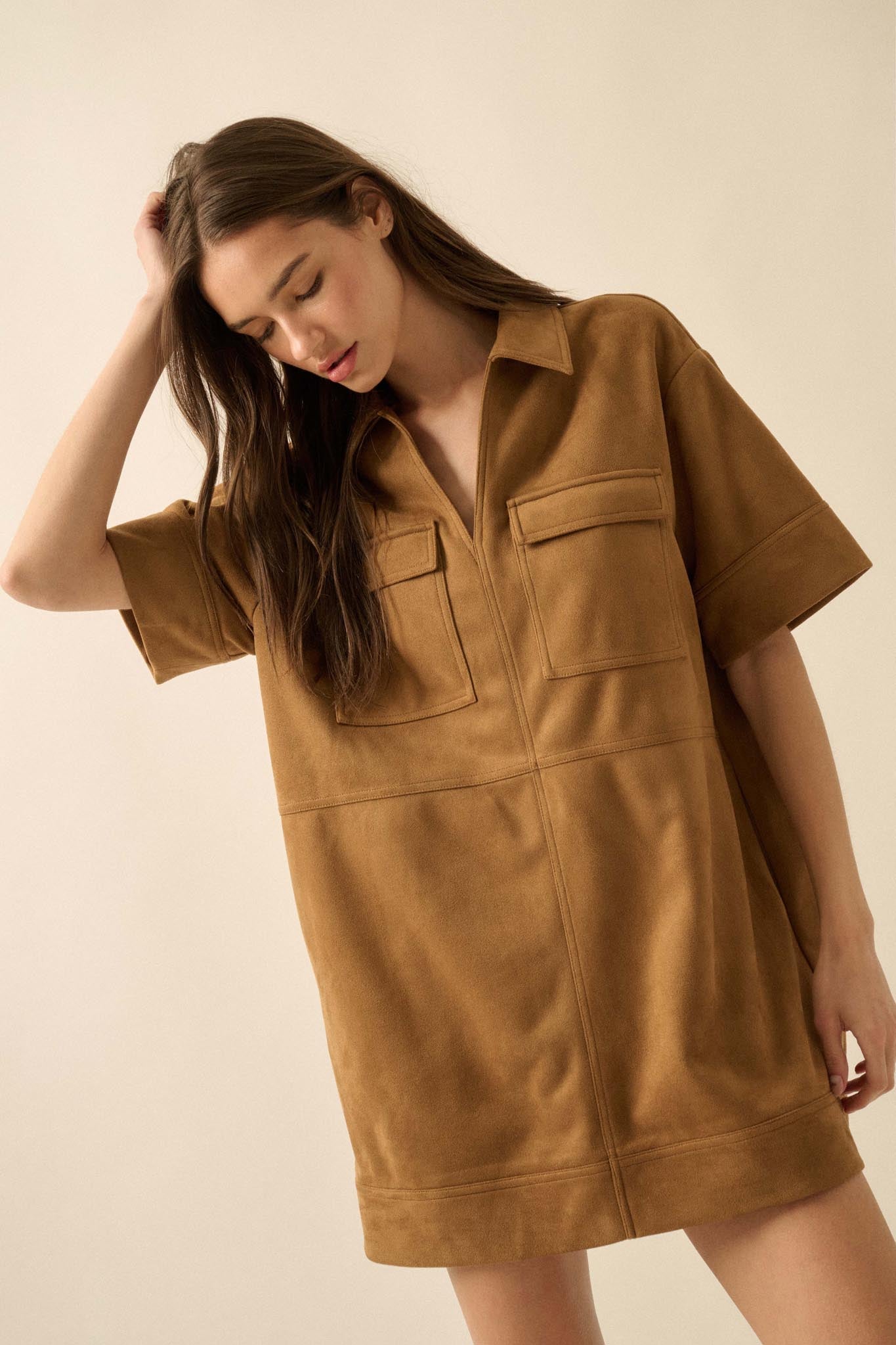 Soft Option Vegan Suede Mini Tunic Shirt Dress - ShopPromesa