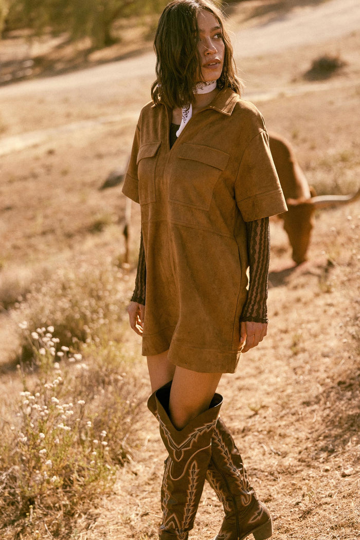 Soft Option Vegan Suede Mini Tunic Shirt Dress - ShopPromesa