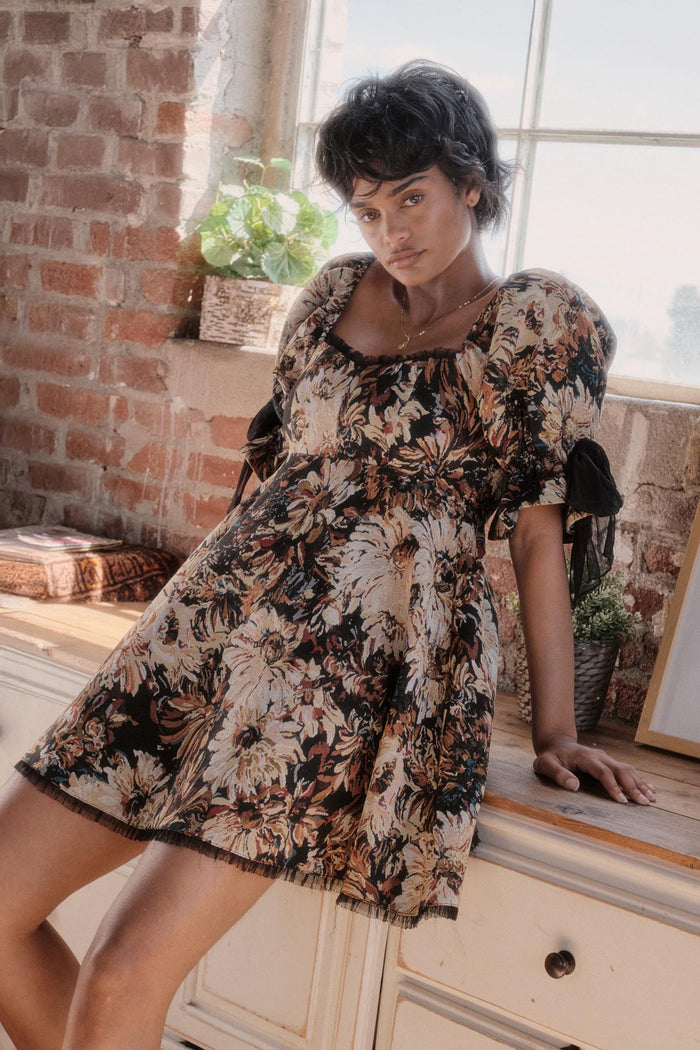 Festive Flowers Floral Tapestry Babydoll Mini Dress - ShopPromesa