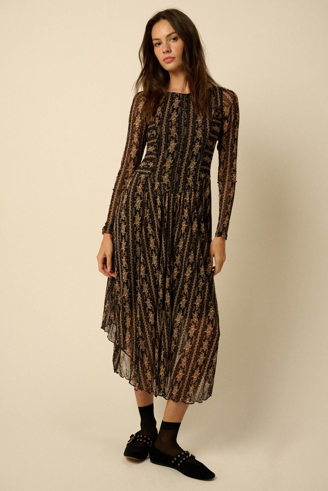 Posh Petals Floral Mesh Drop-Waist Midi Dress
