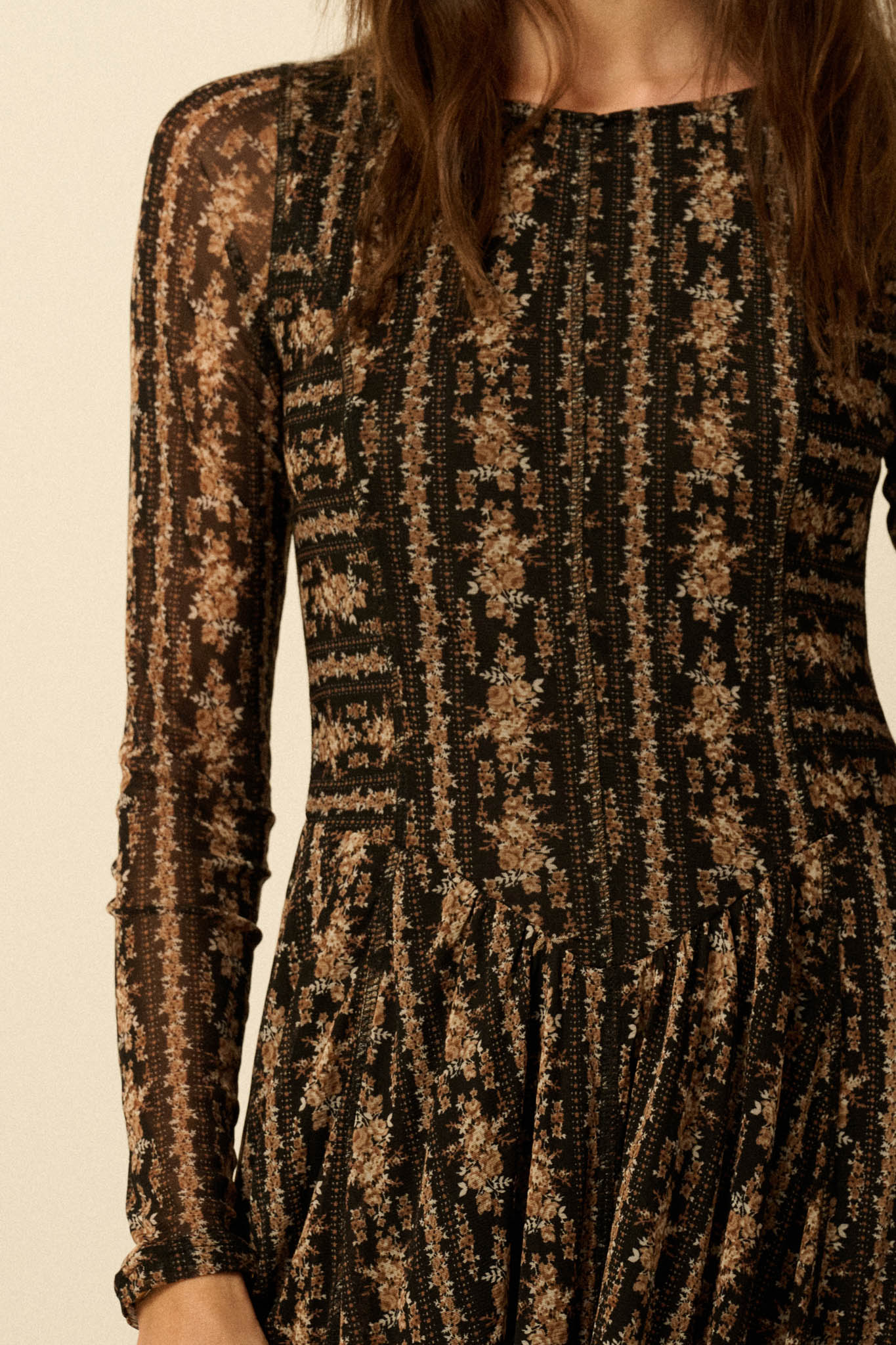 Posh Petals Floral Mesh Drop-Waist Midi Dress