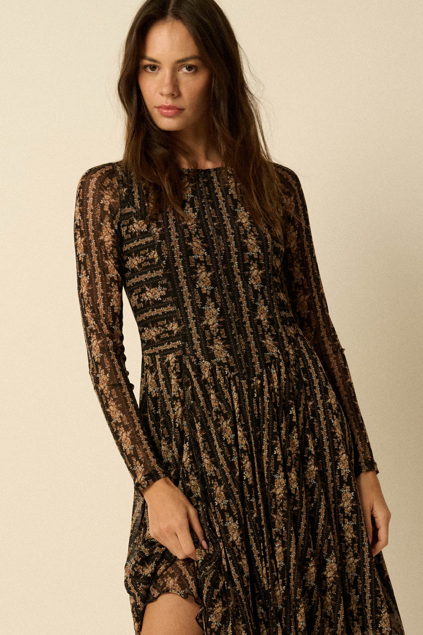 Posh Petals Floral Mesh Drop-Waist Midi Dress