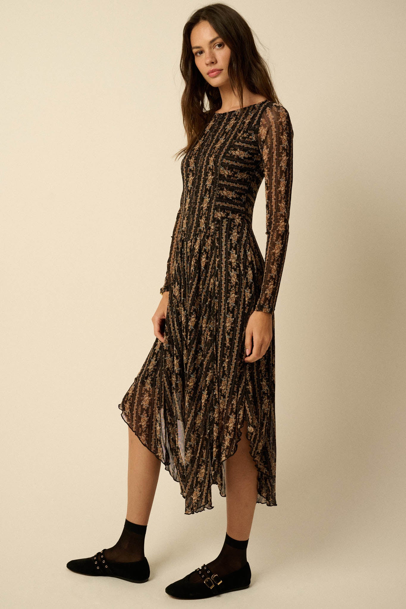 Posh Petals Floral Mesh Drop-Waist Midi Dress