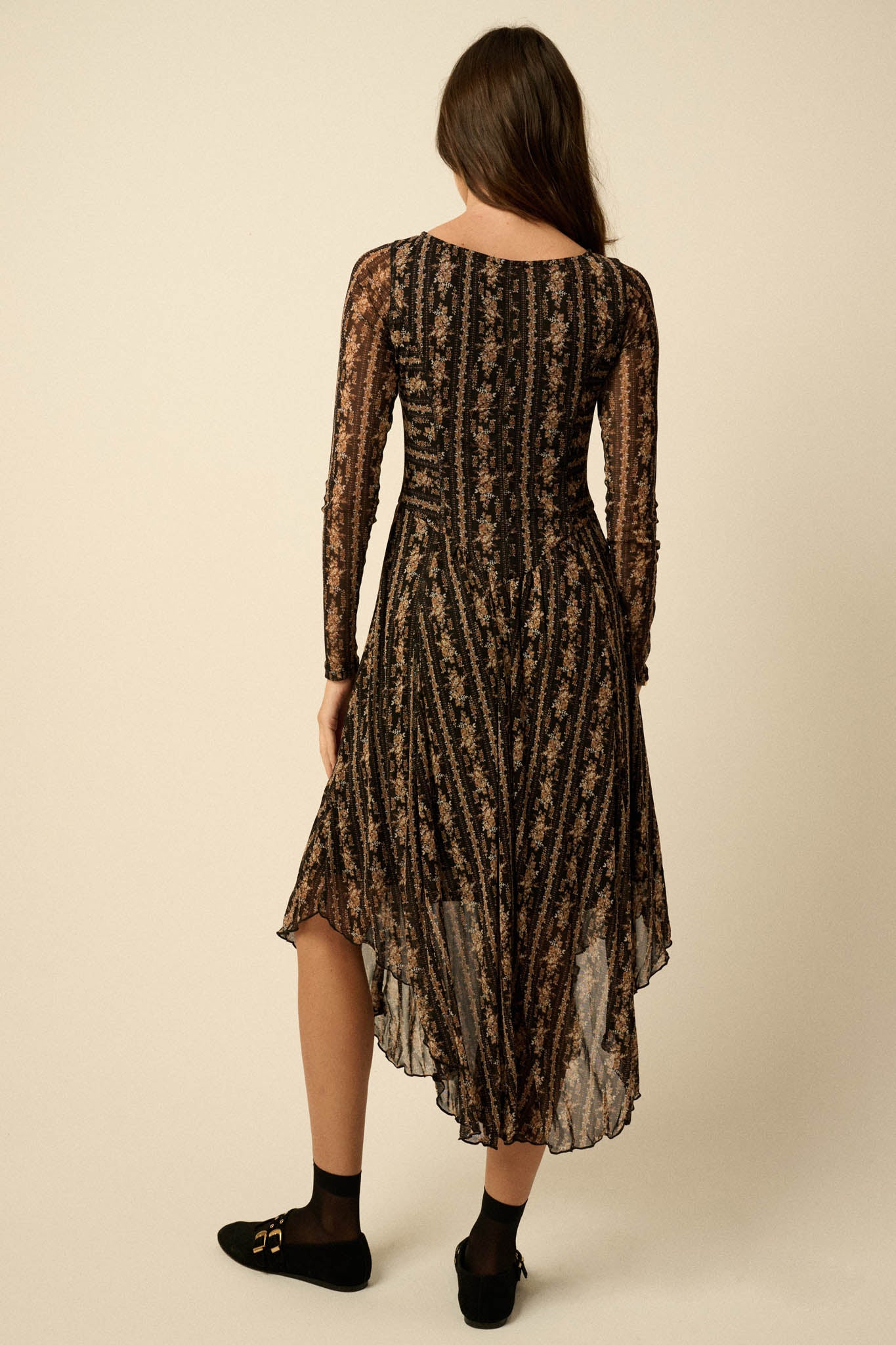 Posh Petals Floral Mesh Drop-Waist Midi Dress