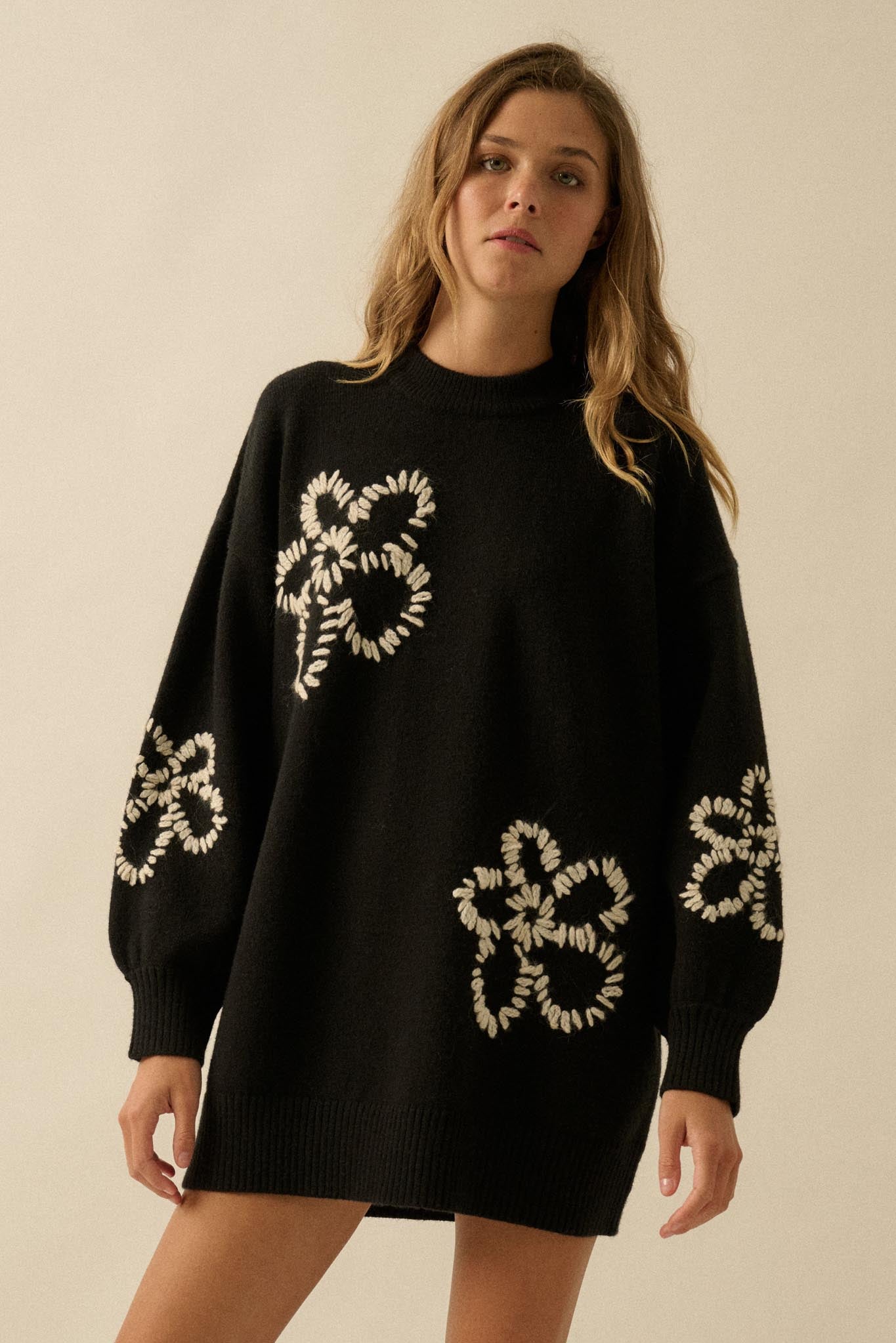 Cozy Petals Floral-Embroidered Mini Sweater Dress - ShopPromesa