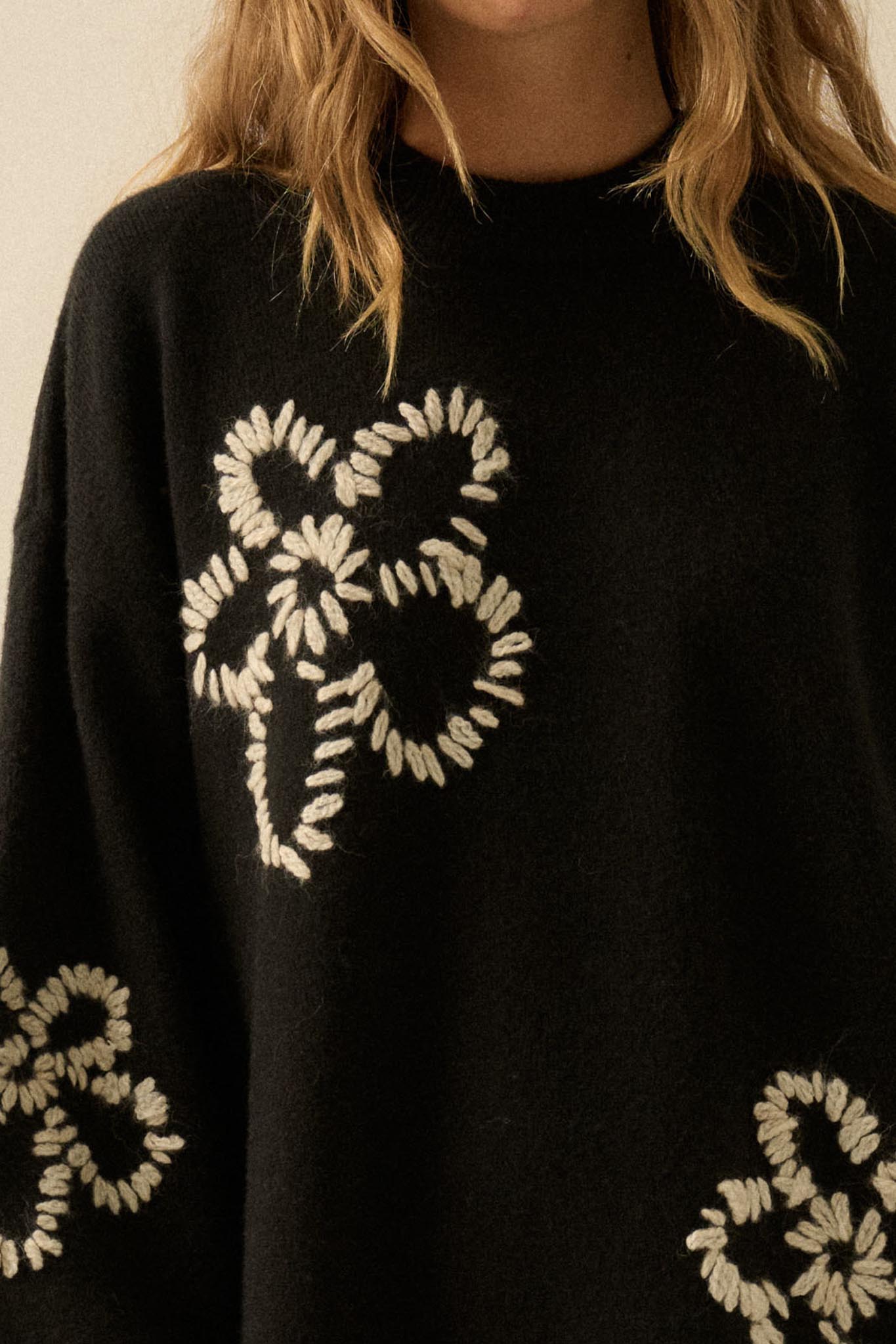 Cozy Petals Floral-Embroidered Mini Sweater Dress Oatmeal / L Cozy Petals Floral-Embroidered Mini Sweater Dress Oatmeal / L