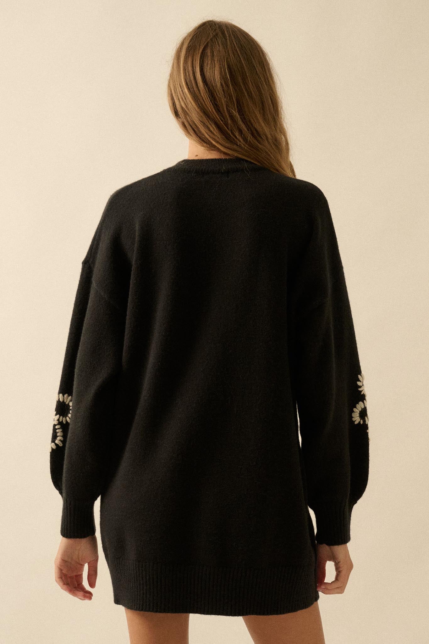 Cozy Petals Floral-Embroidered Mini Sweater Dress - ShopPromesa