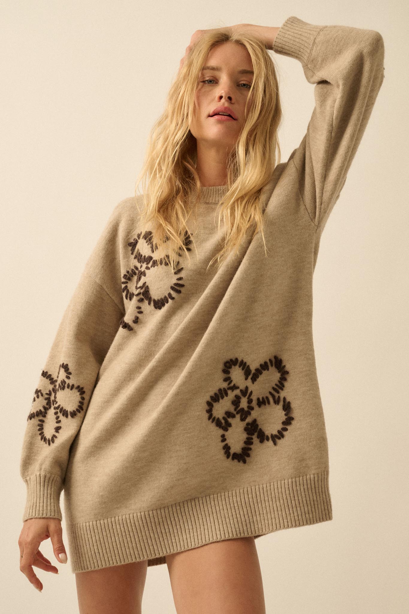 Cozy Petals Floral-Embroidered Mini Sweater Dress - ShopPromesa