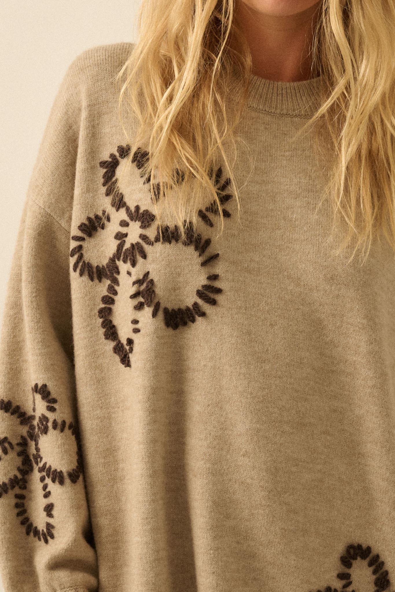 Cozy Petals Floral-Embroidered Mini Sweater Dress, Oatmeal / M Cozy Petals Floral-Embroidered Mini Sweater Dress, Oatmeal / M