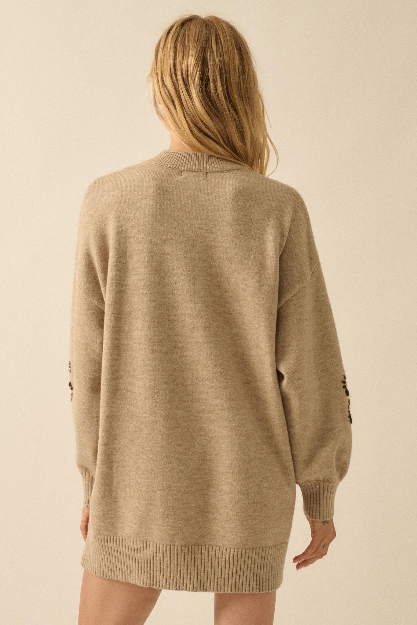 Cozy Petals Floral-Embroidered Mini Sweater Dress, Oatmeal / M Cozy Petals Floral-Embroidered Mini Sweater Dress, Oatmeal / M