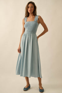 Blue Horizon Smocked Denim Square-Neck Midi Dress - ShopPromesa