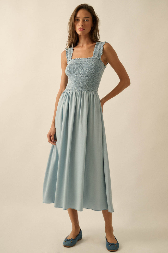 Blue Horizon Smocked Denim Square-Neck Midi Dress - ShopPromesa