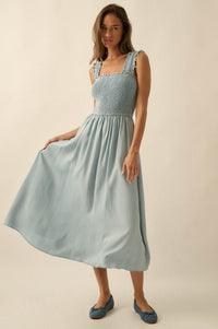 Blue Horizon Smocked Denim Square-Neck Midi Dress - ShopPromesa