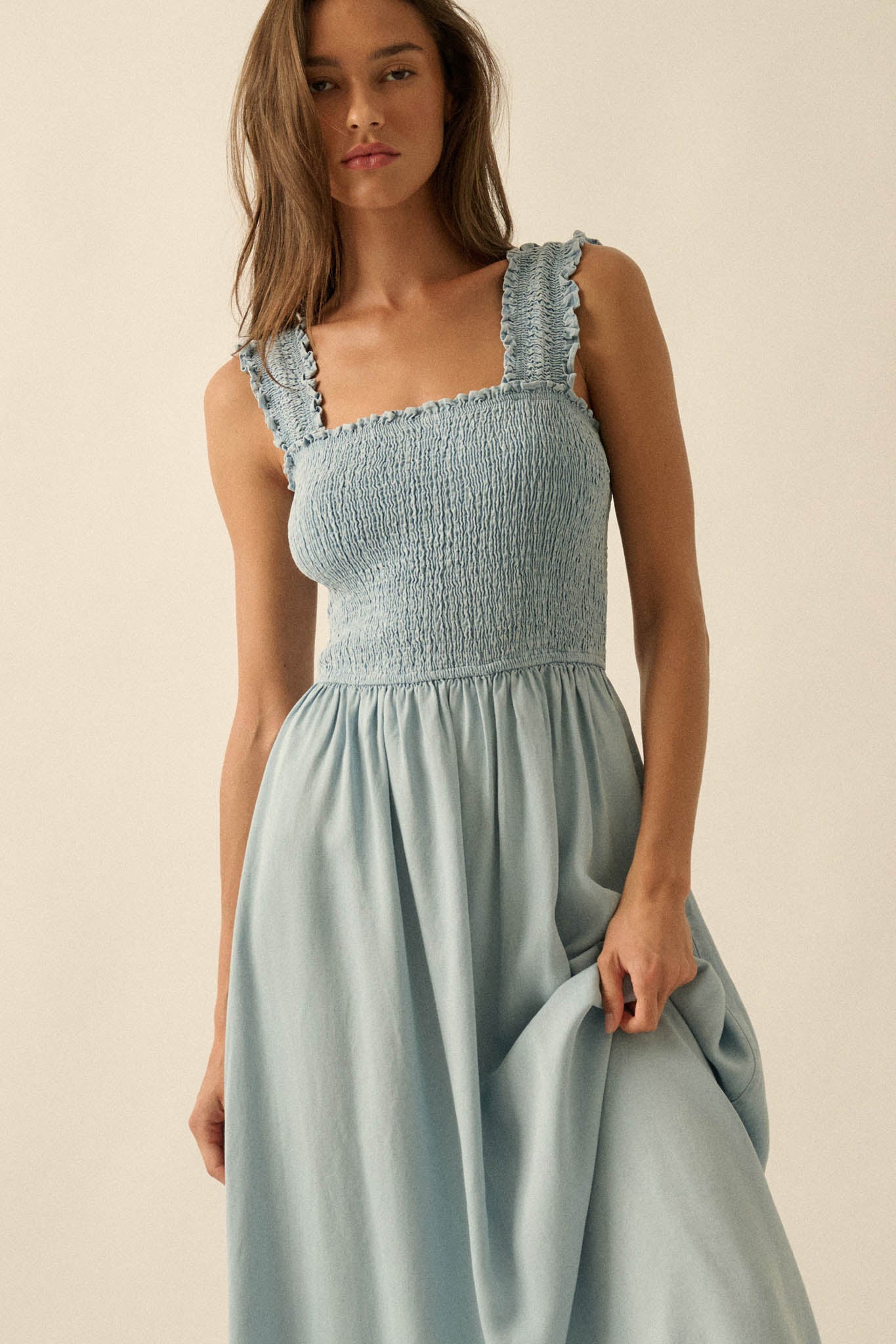 Blue Horizon Smocked Denim Square-Neck Midi Dress - ShopPromesa