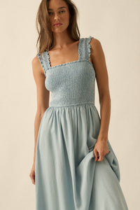 Blue Horizon Smocked Denim Square-Neck Midi Dress - ShopPromesa