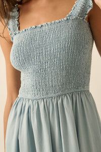 Blue Horizon Smocked Denim Square-Neck Midi Dress - ShopPromesa