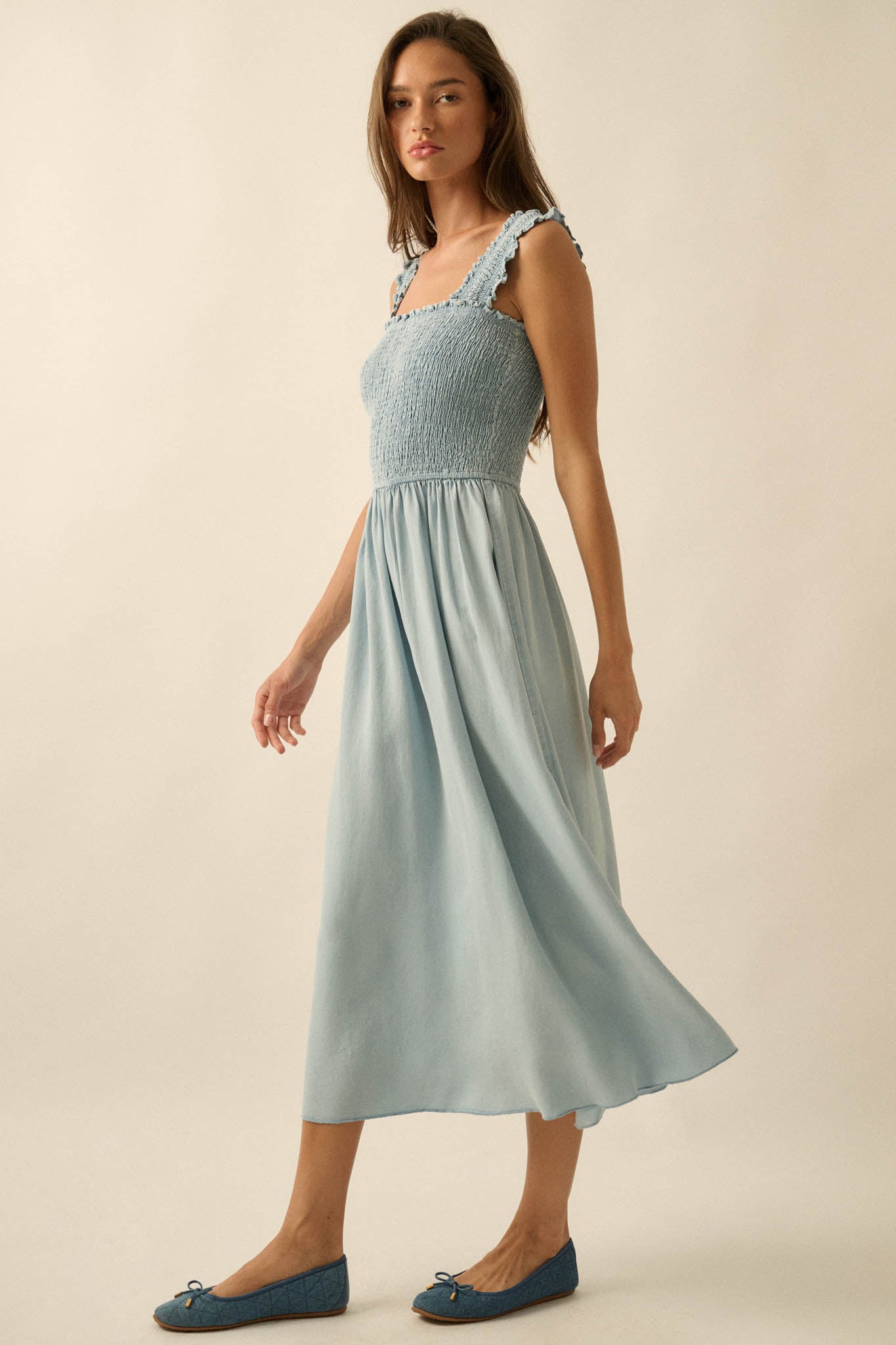 Blue Horizon Smocked Denim Square-Neck Midi Dress - ShopPromesa