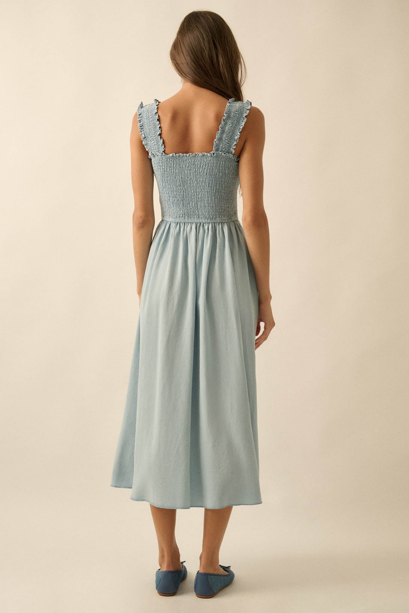 Blue Horizon Smocked Denim Square-Neck Midi Dress - ShopPromesa