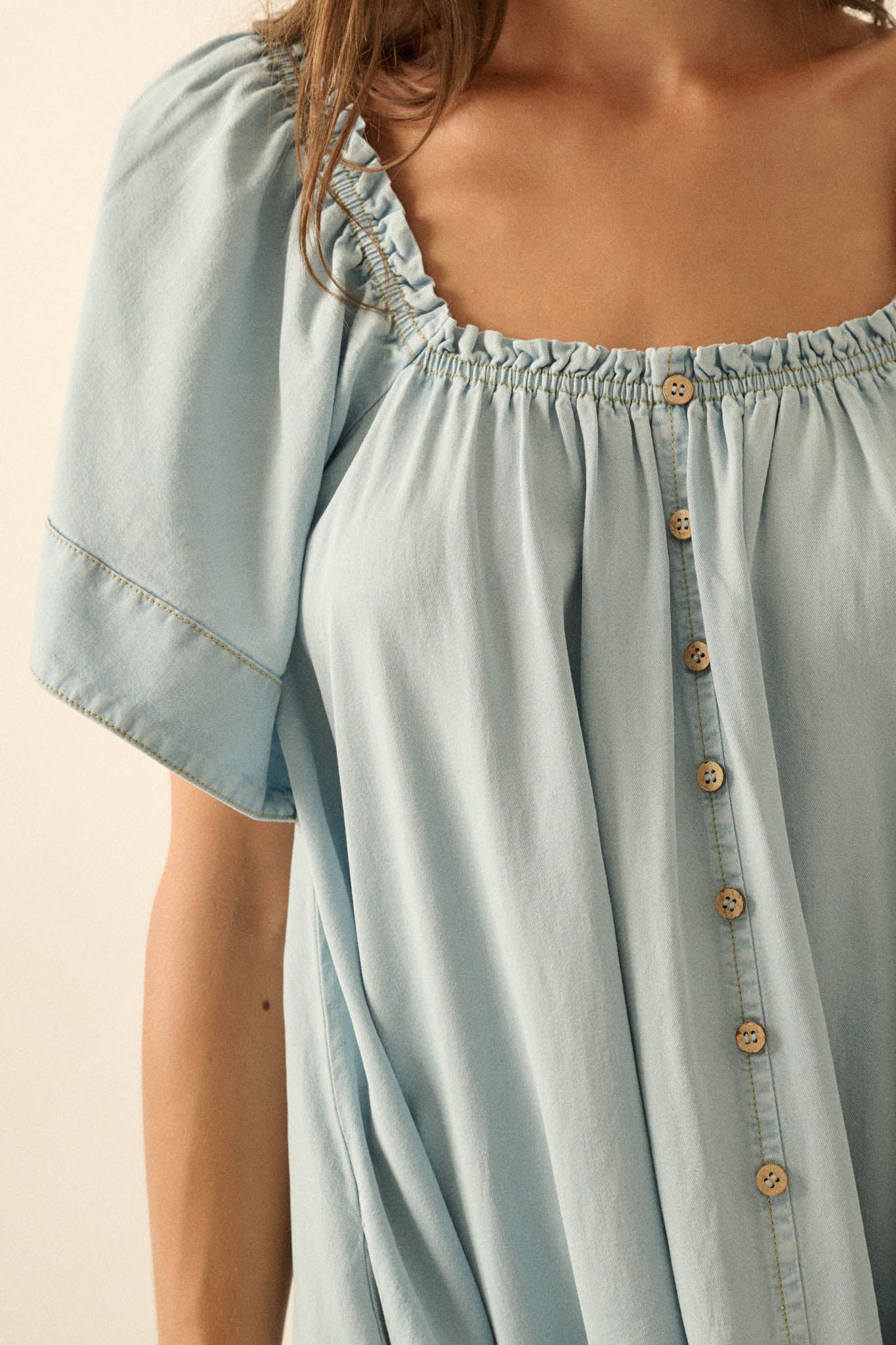Morning Skies Denim Square-Neck Mini Shift Dress - ShopPromesa