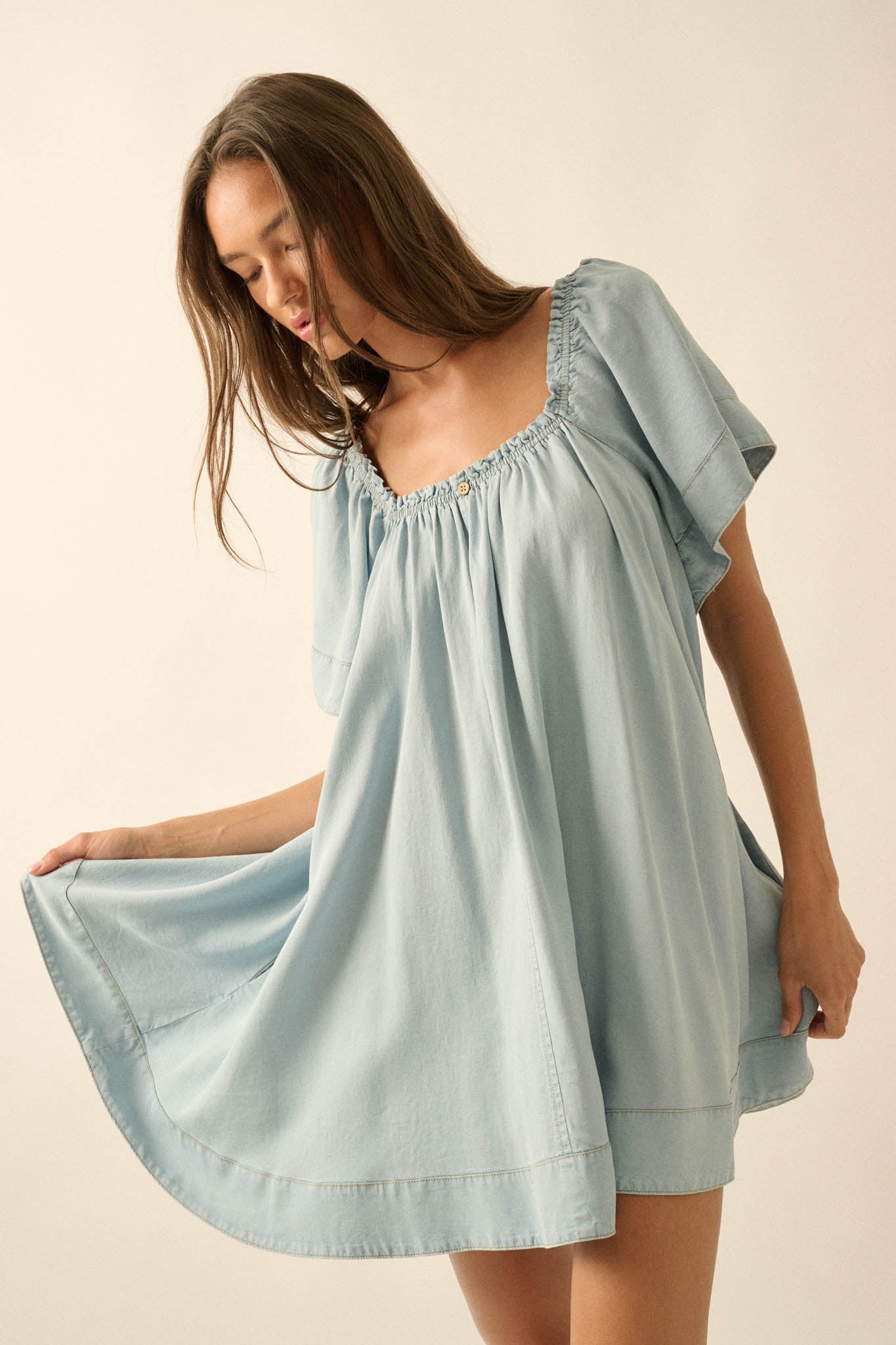 Morning Skies Denim Square-Neck Mini Shift Dress - ShopPromesa