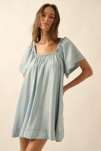 Morning Skies Denim Square-Neck Mini Shift Dress - ShopPromesa