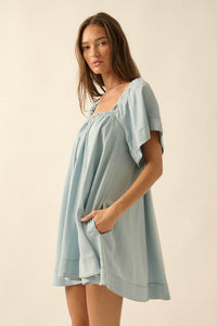 Morning Skies Denim Square-Neck Mini Shift Dress - ShopPromesa