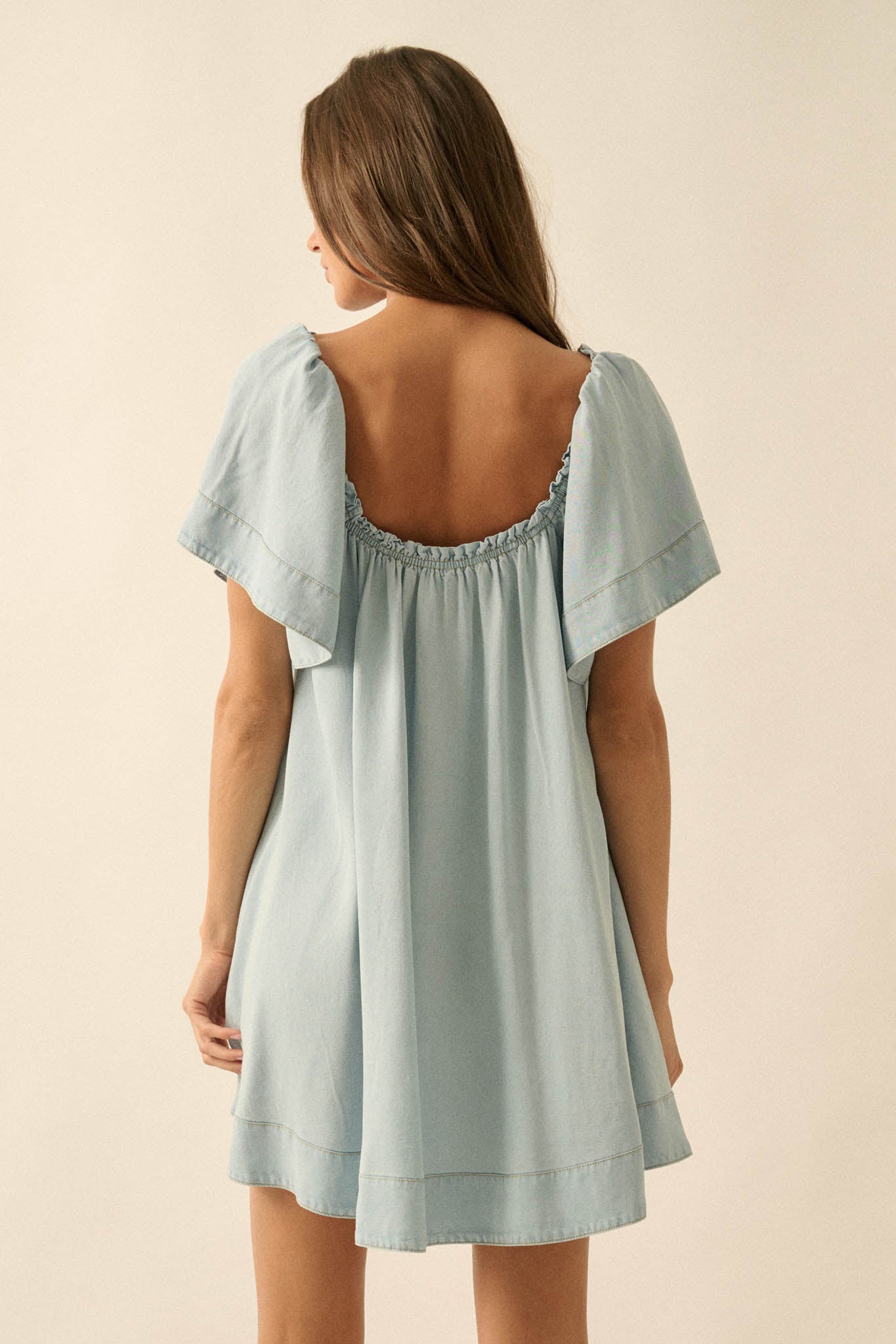 Morning Skies Denim Square-Neck Mini Shift Dress - ShopPromesa
