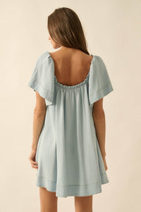 Morning Skies Denim Square-Neck Mini Shift Dress - ShopPromesa