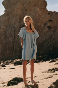 Morning Skies Denim Square-Neck Mini Shift Dress - ShopPromesa