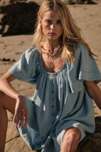 Morning Skies Denim Square-Neck Mini Shift Dress - ShopPromesa