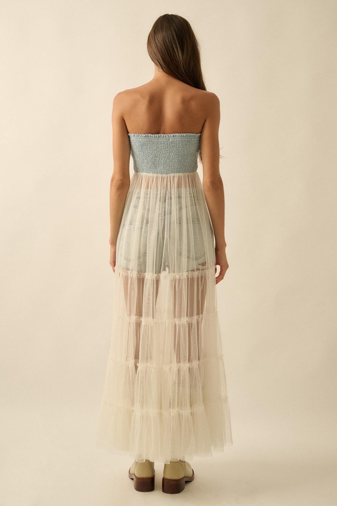 Dancing on Air Denim and Tulle Layering Maxi Dress - ShopPromesa