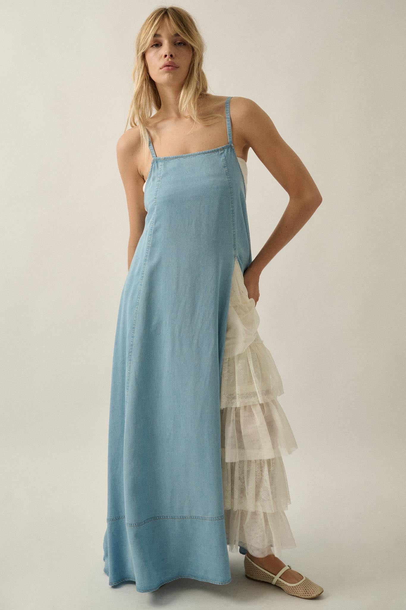 Endless Skies Denim Open-Back High-Slit Maxi Dress - ShopPromesa