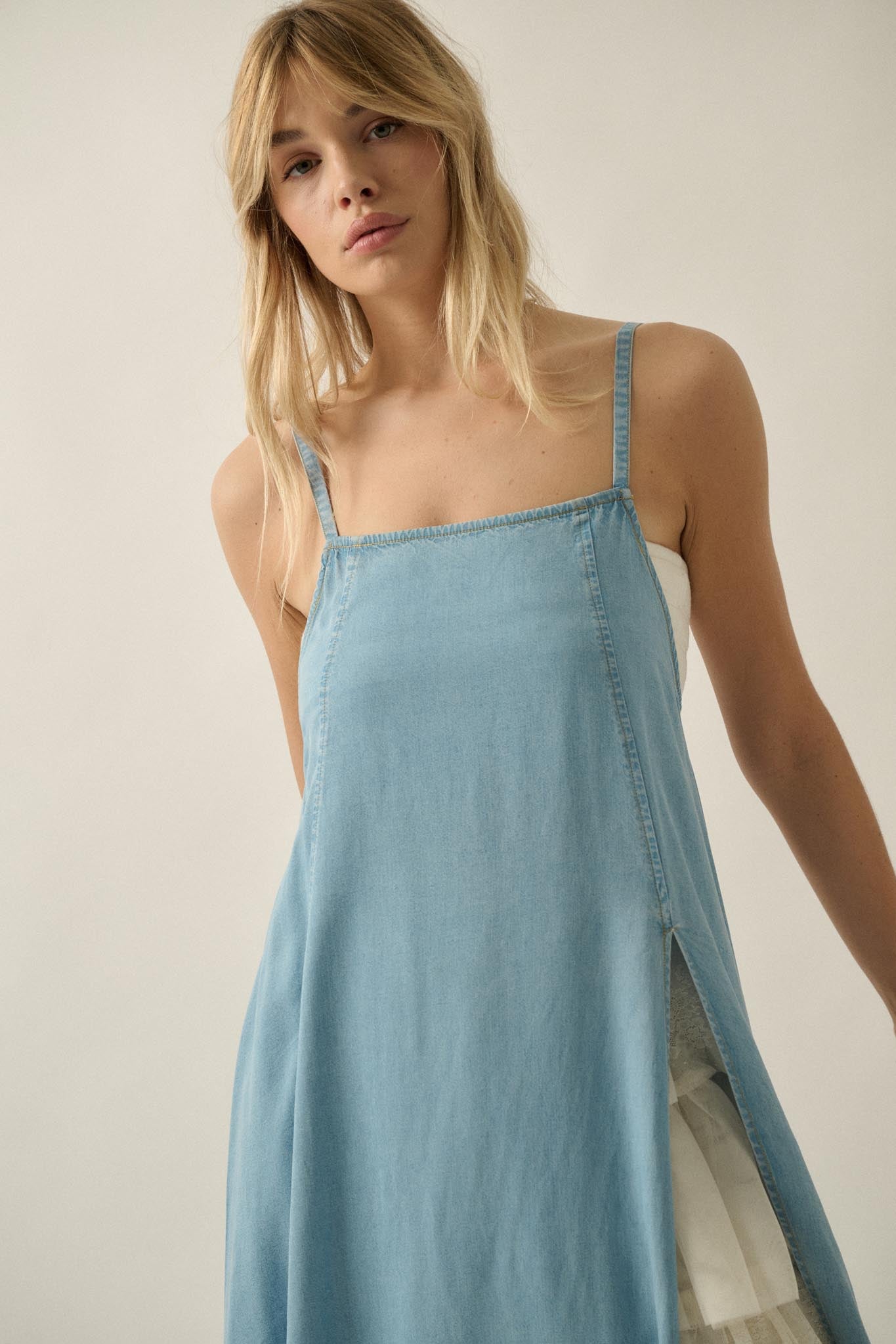 Endless Skies Denim Open-Back High-Slit Maxi Dress - ShopPromesa