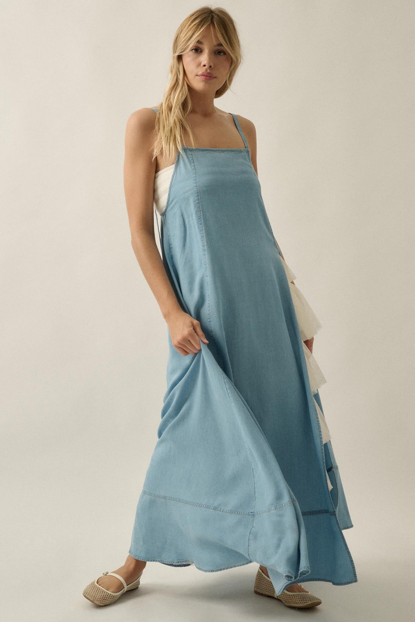 Endless Skies Denim Open-Back High-Slit Maxi Dress - ShopPromesa