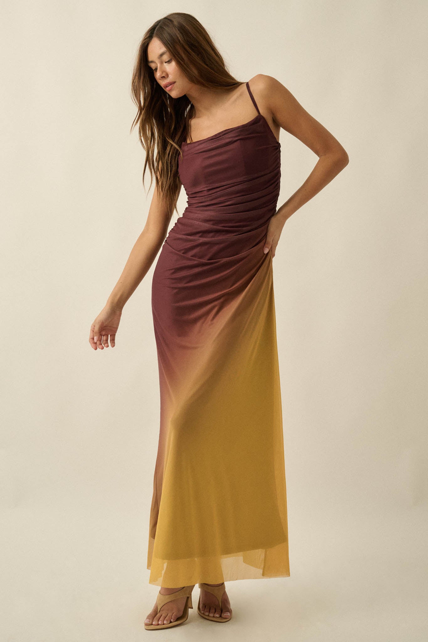 Shades of You Ombre Mesh Ruched Maxi Dress - ShopPromesa