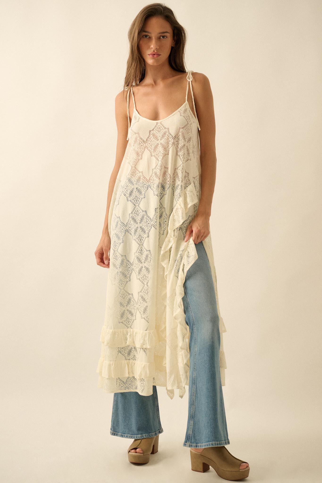 let me be sheer lace midi dress Let Me Be Sleeveless Sheer Tiered Midi Dress