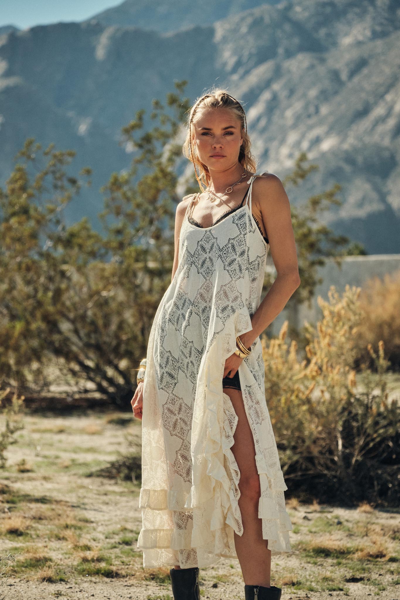 sheer bottom midi dress The Striped Halter Crochet Midi Dress