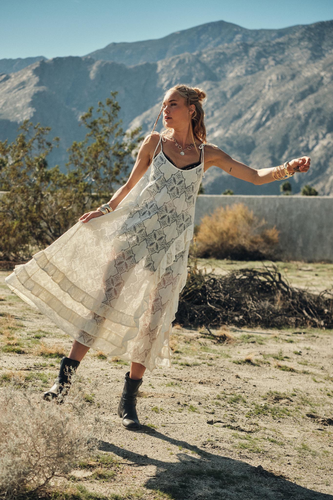 sheer layering dress Wishful Dreaming Sheer Lace Layering Midi Dress Cream / S
